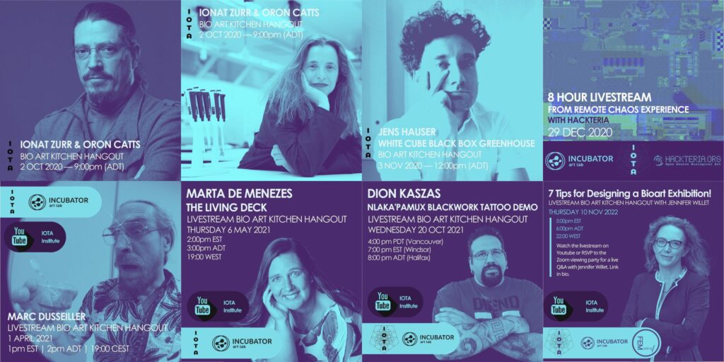 a banner of eight event posters, each showing a headshot of an artist or curator with a dramatic turquoise & deep purple filter. Not all text is listed in this image description, but each poster is for a Virtual Bio Art Kitchen Hangout hosted by IOTA Institute & INCUBATOR Art Lab
