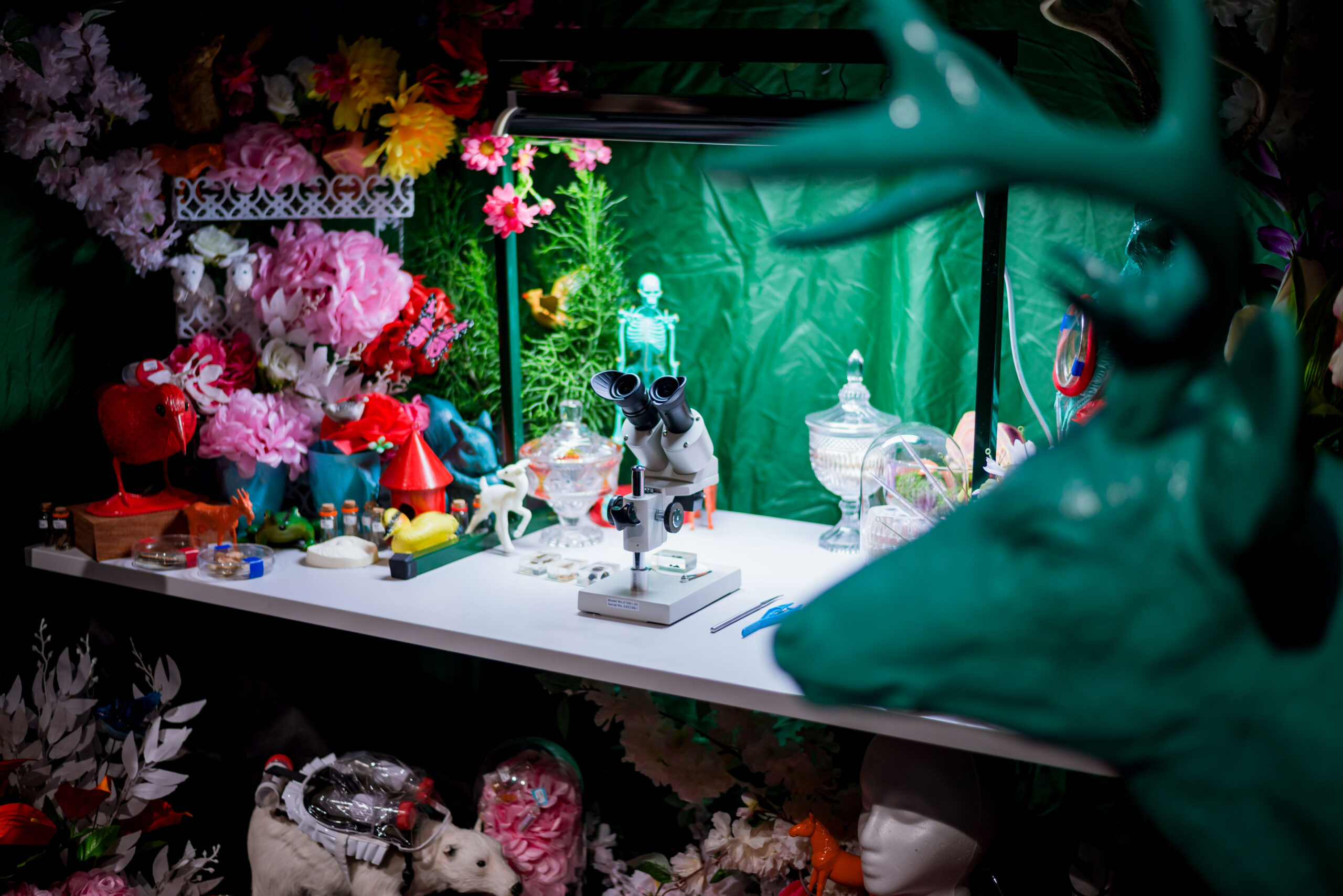 An art installation in a dark art gallery. A table is surrounded by artificial flowers, small plastic birds and animals, dishes, lab materials, and a microscope. In the foreground of the image is the head of a life-sized plastic deer painted turquoise.