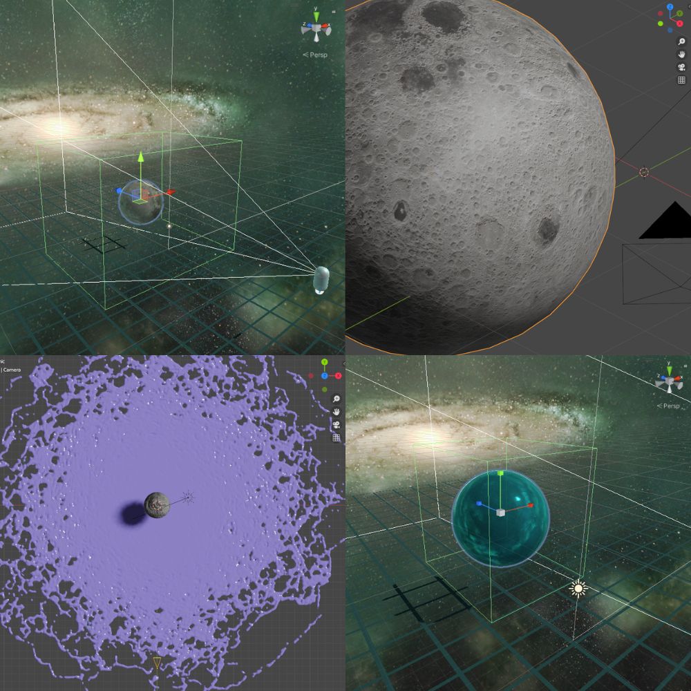 A grid of four screenshots of programming software used to generate WHOLE NEW WORLD/FOR SOPHIE. Each screenshot has a compass in the top right corner that shows the orientation of the 4D shapes on an X, Y, and Z axis. Two screenshots show a distant translucent moon against the milky way galaxy, surrounded by grid and perspective lines. One screenshot shows a black and white photorealistic close up of the moon, and the last screenshot features a Birds Eye view perspective of the moon on top of a bright purple liquid splatter.
