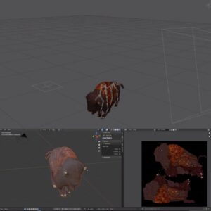 A collage of three screenshots of programming software used to generate Buffalo Rising. Various angles capture the movement, perspective, textures, and skeletal structure of a 3D rendering of a buffalo. The renderings are based on 2D beadings by artist Carrie Allison. Two screenshots are smooth 3D renderings, and one shows shiny brown beads on brown felt, with white beaded hooves. The brown buffalos contrast the grey backdrop, icons, and menu of the programming software.