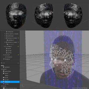 A collage of two screenshots of programming software used to generate the Mycelial Dimension augmented reality filter. The top third of the screen shows three digital renderings of human-like faces in shades of black and grey, each at different angles. The faces are covered in mask made of a thin white abstract pattern that is based on plant cells on the forehead, temples, cheeks, and jaw. There are chrome pearls on the outer corners of the eyes and bridge of the nose, at the borders of the white pattern. There is a white gradient oval over the eyes. The bottom two thirds of the screen is a user test of the digital mask. The user has a black moustache, short black hair and wears black tshirt, and the user’s face protrudes through a purple and blue translucent textured screen.