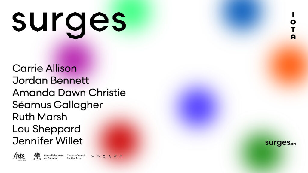 Black text on white background with blurry colourful dots in lime green, bright purple, orange, red, magenta, navy, and forest green. The largest black heading reads “surges” in a bold rounded font with jagged edges. Smaller text reads, “Carrie Allison / Jordan Bennett / Amanda Dawn Christie / Séamus Gallagher / Ruth Marsh / Lou Sheppard / Jennifer Willet.” In the top right corner is the IOTA logo, in the bottom left corner are small black logos for Arts Nova Scotia, Canada Council for the Arts, and VUCAVU, and in the bottom right corner it says, “surges.art”