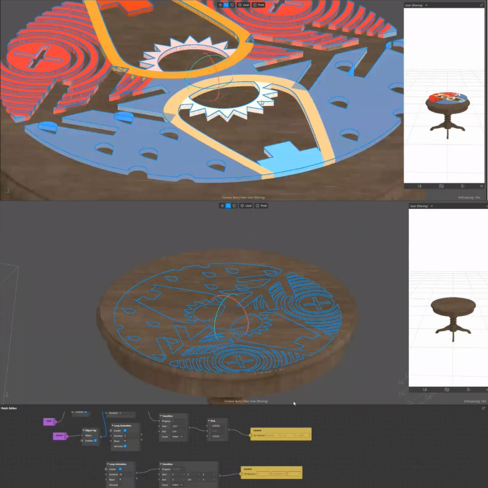 A collage of two screenshots of programming software used to generate the Remembering Her Voice augmented reality filter. Each screenshot shows the menu controls of the programming software and a digital rendering of a cool-toned wood table, with Jordan Bennett’s digital artwork overlaid on the table. It is a dimensional rendering of a circular digital print. The print is half blue and half red, with various organic and geometric cutouts that show the table underneath, including teardrops, concentric circles, and X shapes. The composition radiates out from a sun shape in the centre.