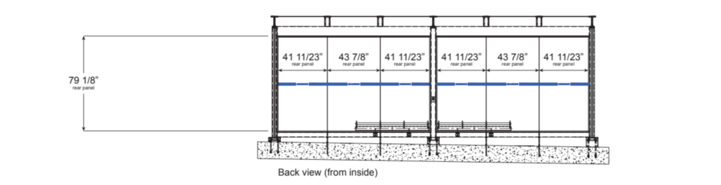 Image of an architectural drawing of the bus shelter panels which are available for an artist design. The drawing has dimensions on it, which read 41 11/23” rear panel, and 43 ⅞” rear panel. To the left, there is an outline height length which reads 79 ⅛” rear panel.